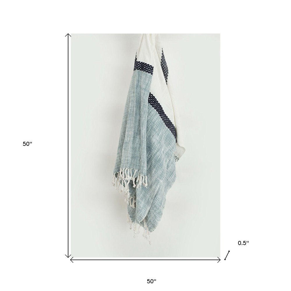 50" X 60" Blue And Ivory Cotton Woven Color Block Throw Blanket with Fringe