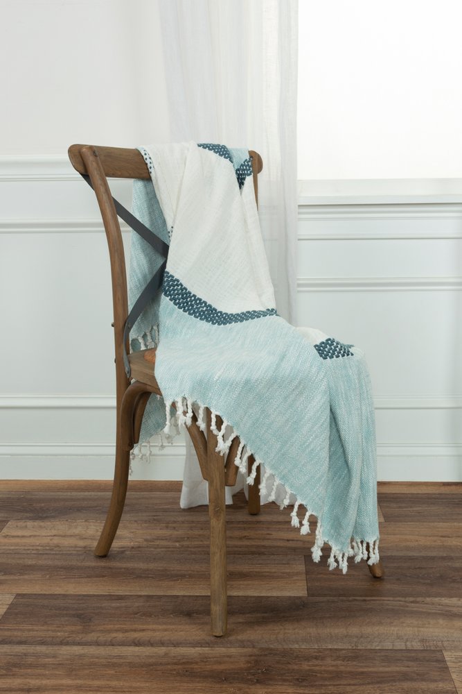 50" X 60" Blue Cotton Woven Color Block Throw Blanket with Fringe