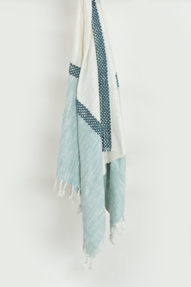 50" X 60" Blue Cotton Woven Color Block Throw Blanket with Fringe