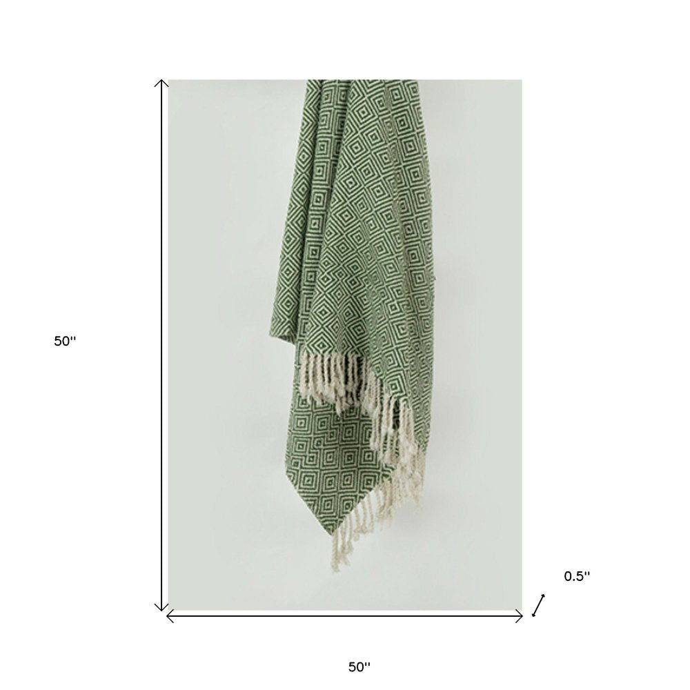 50" X 60" Green Cotton Woven Geometric Throw Blanket with Fringe