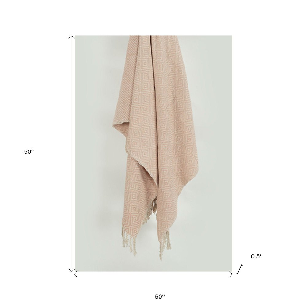 50" X 60" Blush Cotton Woven Geometric Throw Blanket with Fringe