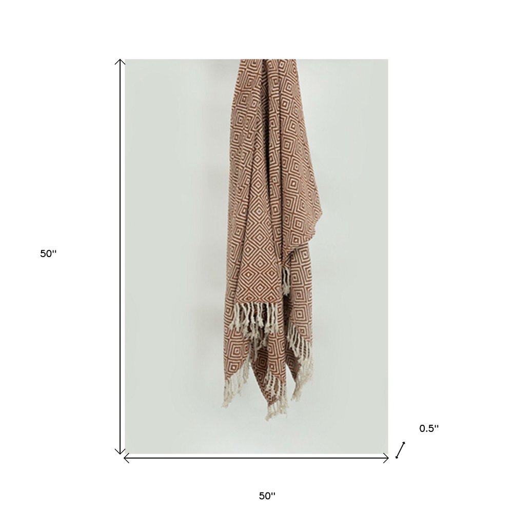 50" X 60" Brown Cotton Woven Geometric Throw Blanket with Fringe