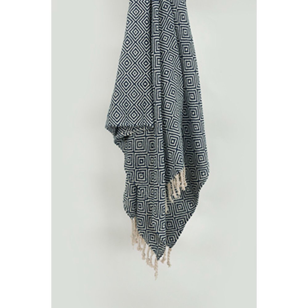 50" X 60" Navy Blue Cotton Woven Geometric Throw Blanket with Fringe