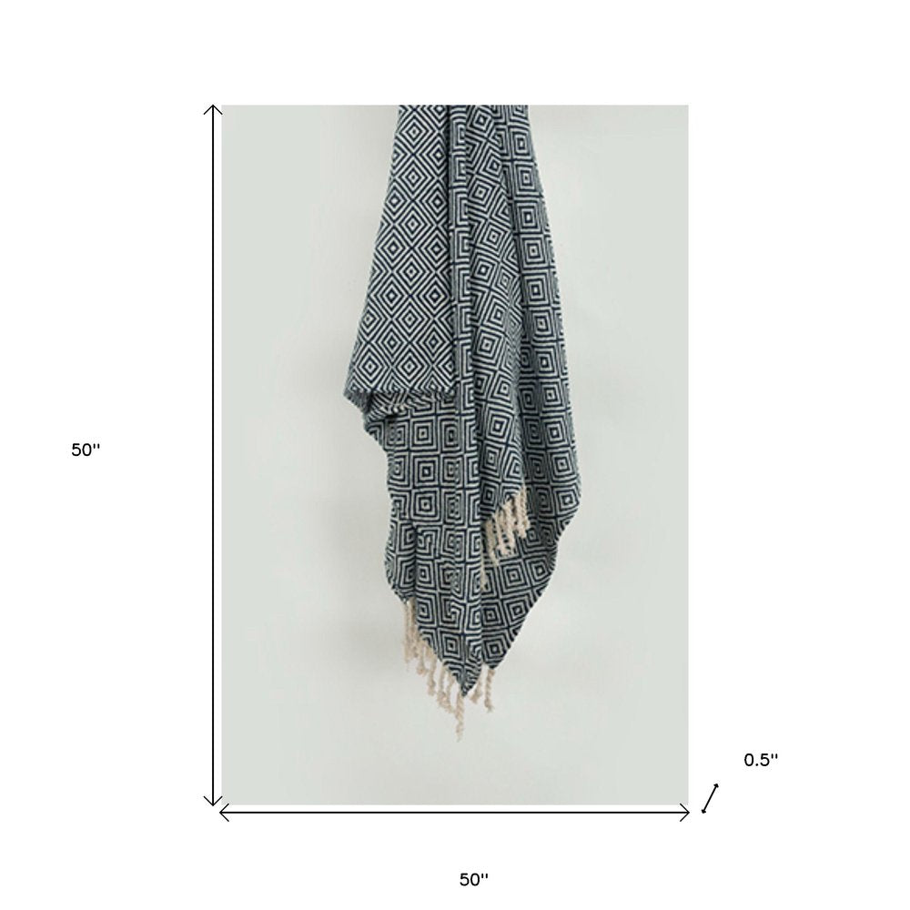50" X 60" Navy Blue Cotton Woven Geometric Throw Blanket with Fringe