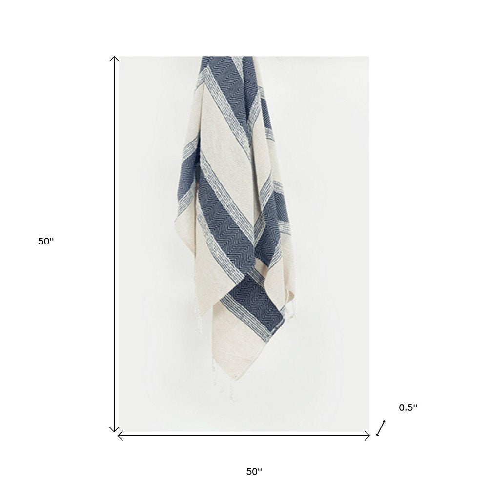 50" X 60" Blue And Ivory Cotton Woven Striped Throw Blanket with Fringe