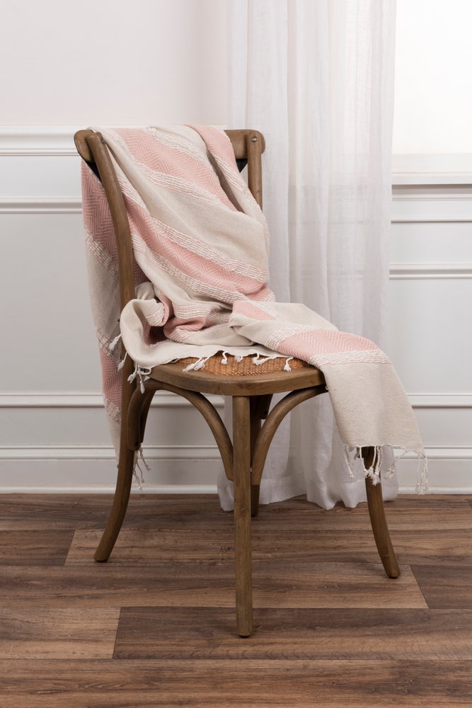 50" X 60" Beige And Pink Cotton Woven Striped Throw Blanket with Fringe