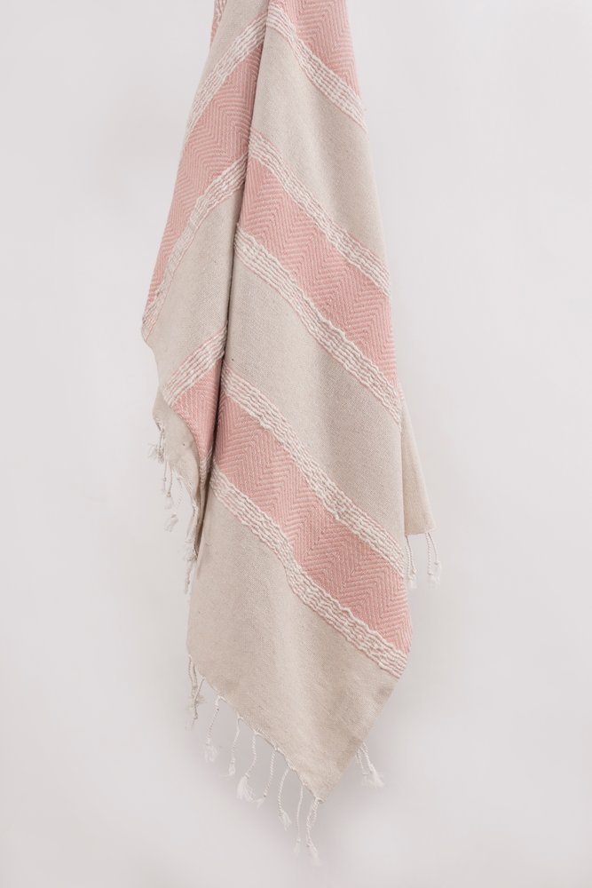 50" X 60" Beige And Pink Cotton Woven Striped Throw Blanket with Fringe