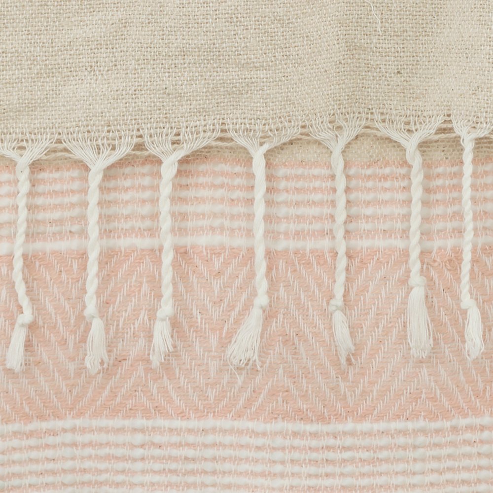 50" X 60" Beige And Pink Cotton Woven Striped Throw Blanket with Fringe