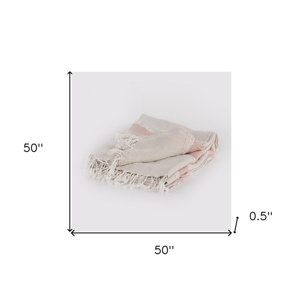 50" X 60" Beige And Pink Cotton Woven Striped Throw Blanket with Fringe