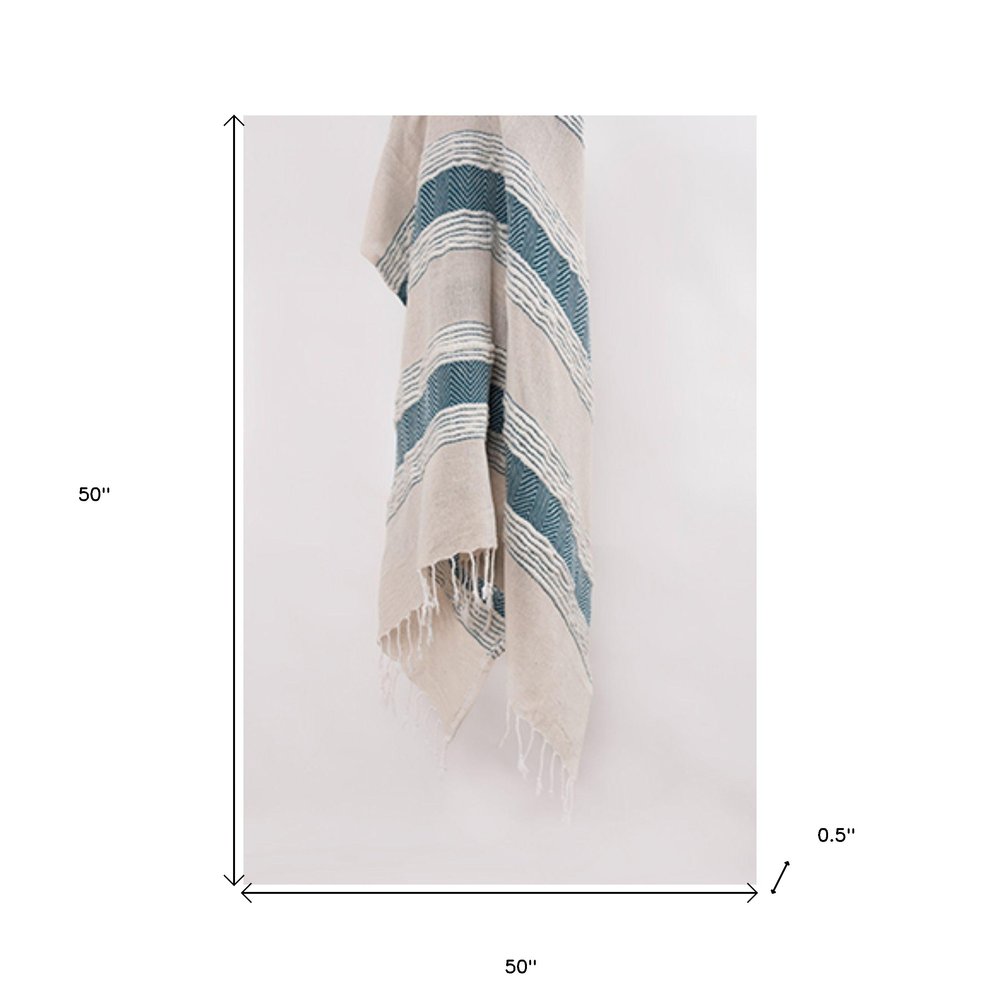 50" X 60" Teal And Blue Cotton Woven Striped Throw Blanket with Fringe