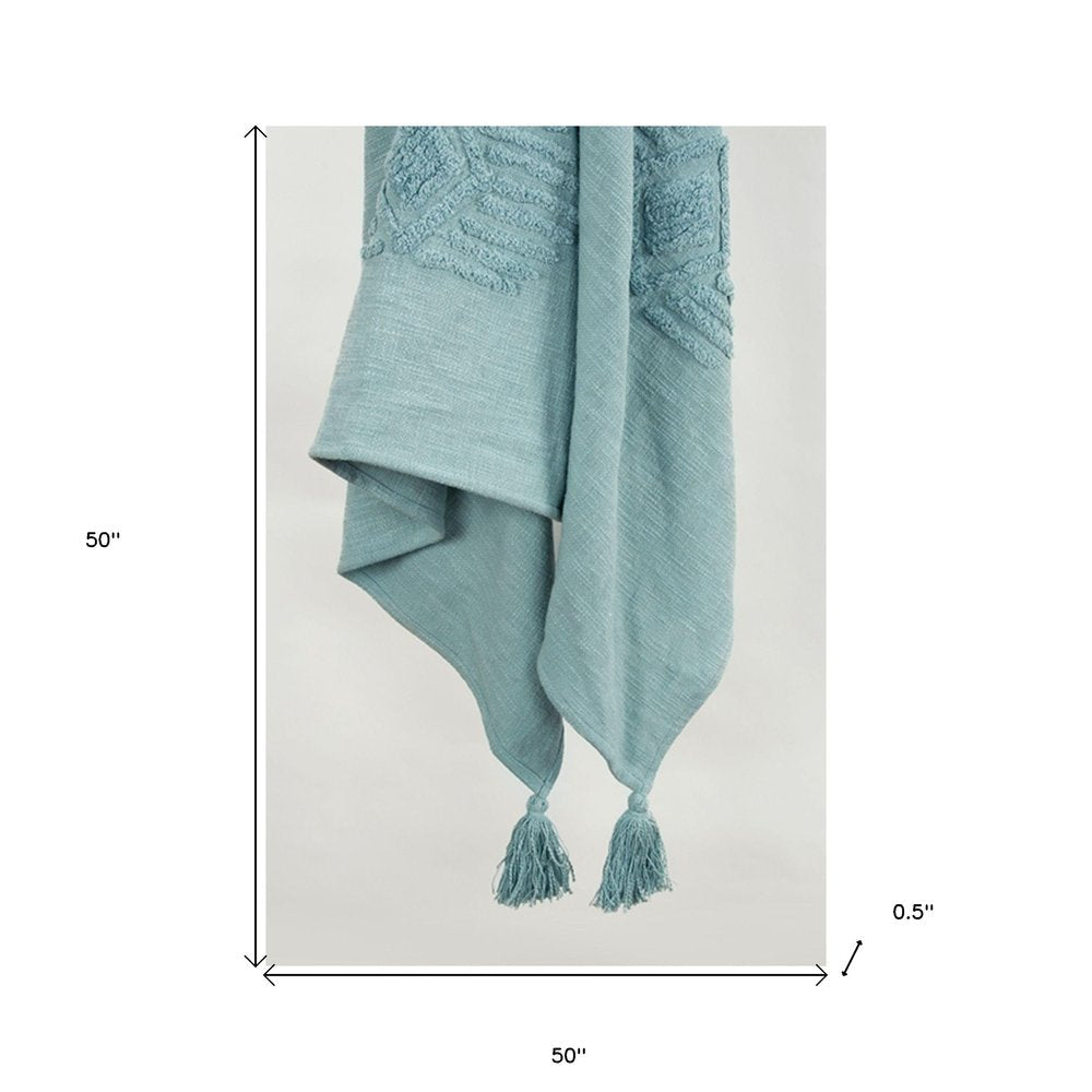 50" X 60" Teal And Blue Cotton Woven Ikat Throw Blanket with Fringe