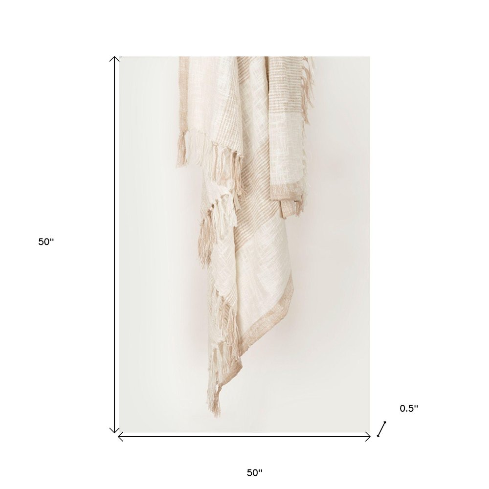50" X 60" Ivory Cotton Woven Striped Throw Blanket with Fringe