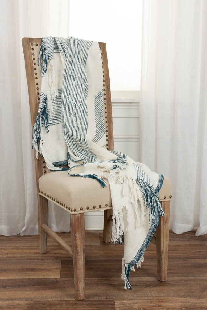 50" X 60" Ivory Cotton Woven Striped Throw Blanket with Fringe