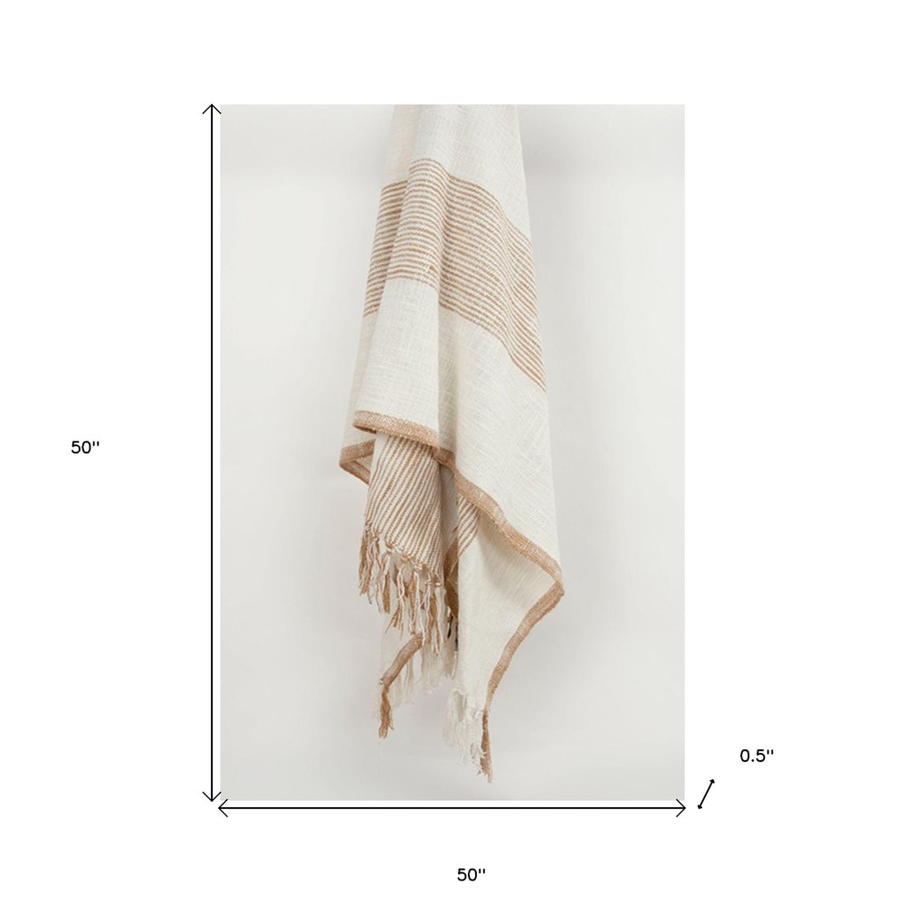 50" X 60" Ivory Cotton Woven Striped Throw Blanket with Fringe