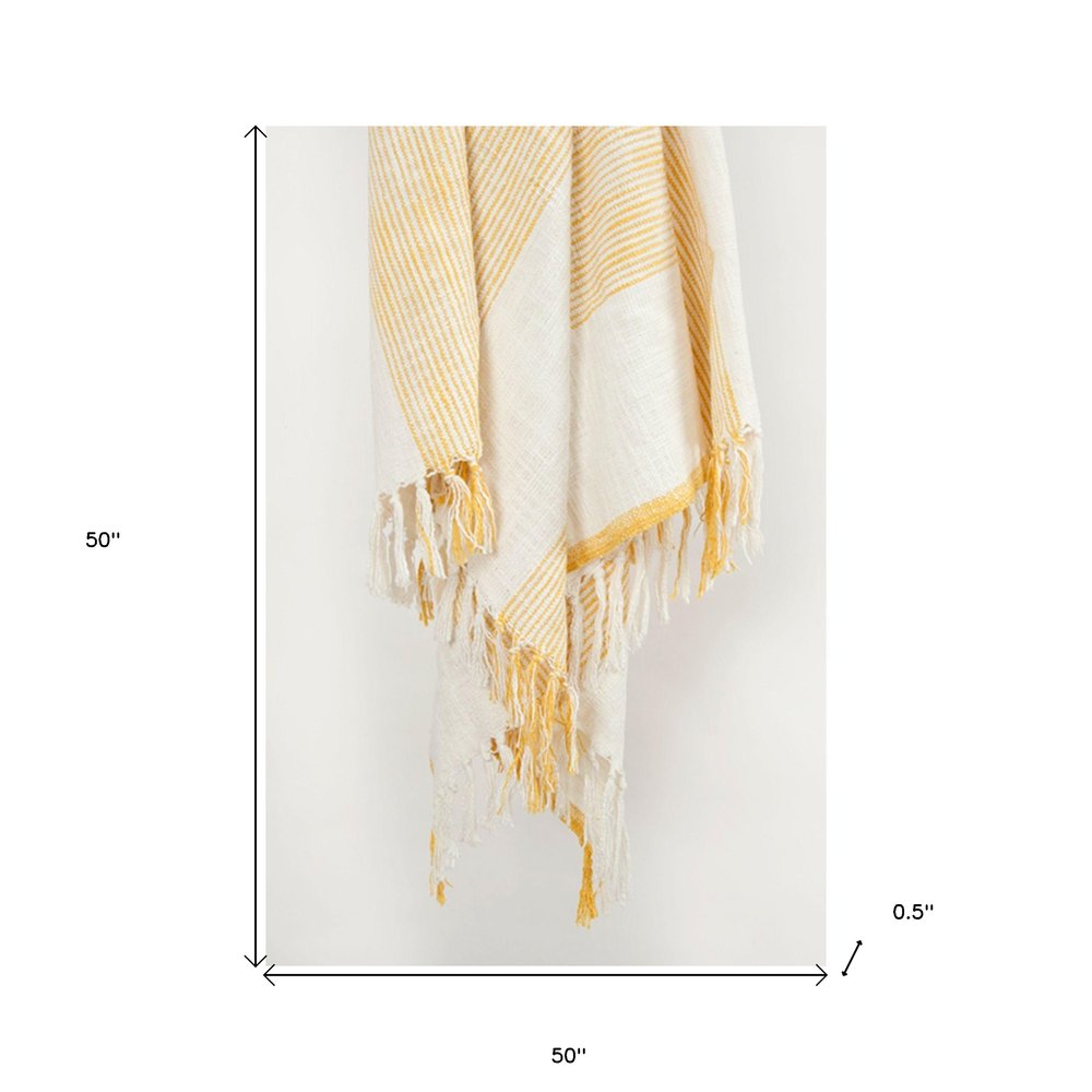 50" X 60" Yellow And Ivory Cotton Woven Striped Throw Blanket with Fringe
