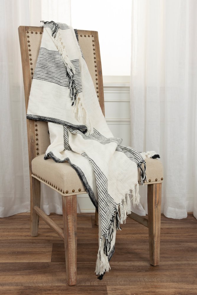 50" X 60" Black And Ivory Cotton Woven Striped Throw Blanket with Fringe