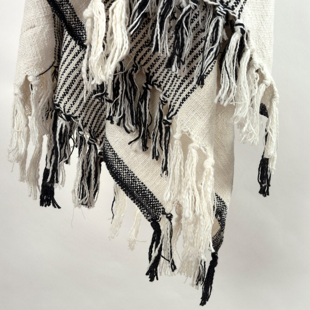 50" X 60" Black And Ivory Cotton Woven Striped Throw Blanket with Fringe