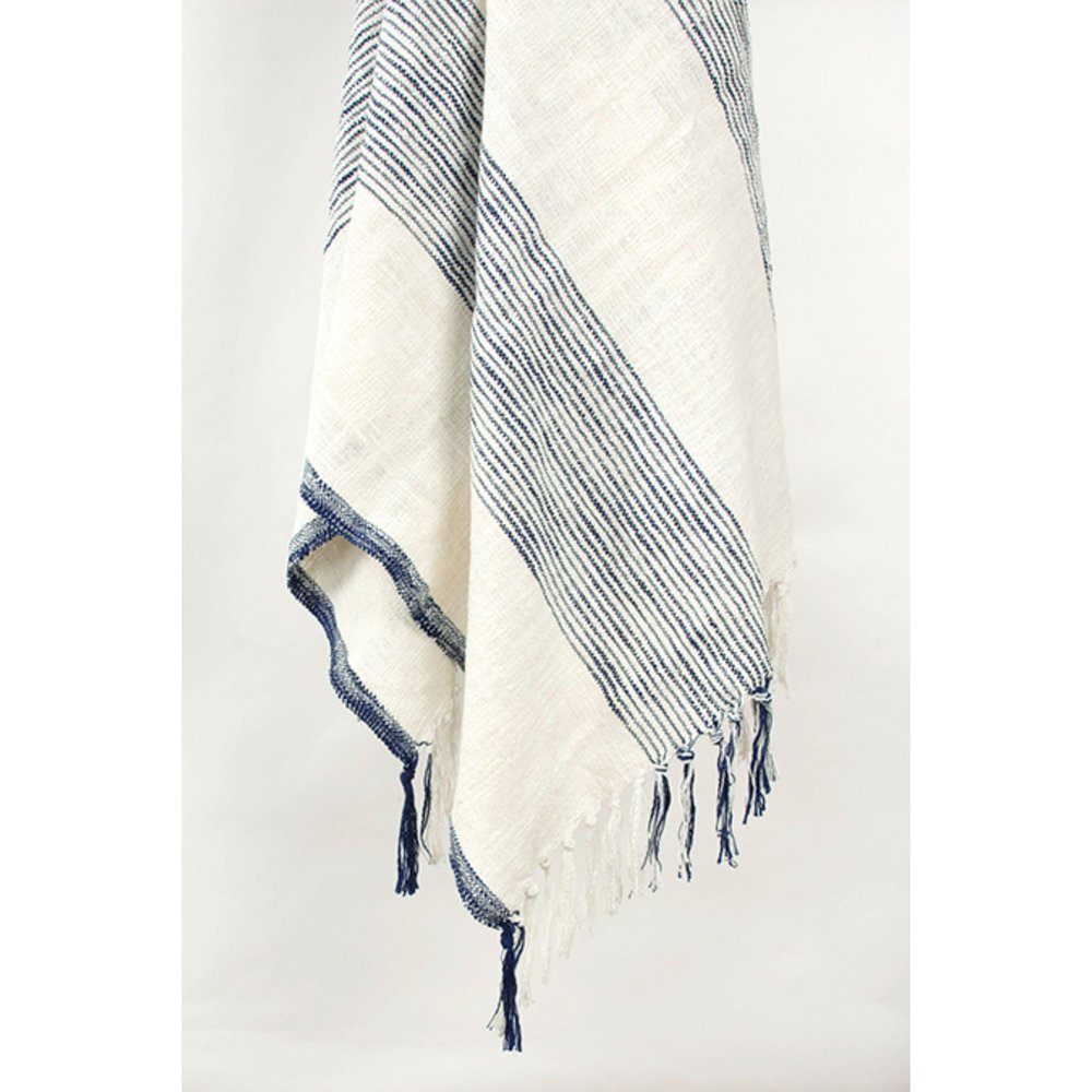 50" X 60" Blue And Ivory Cotton Woven Striped Throw Blanket with Fringe