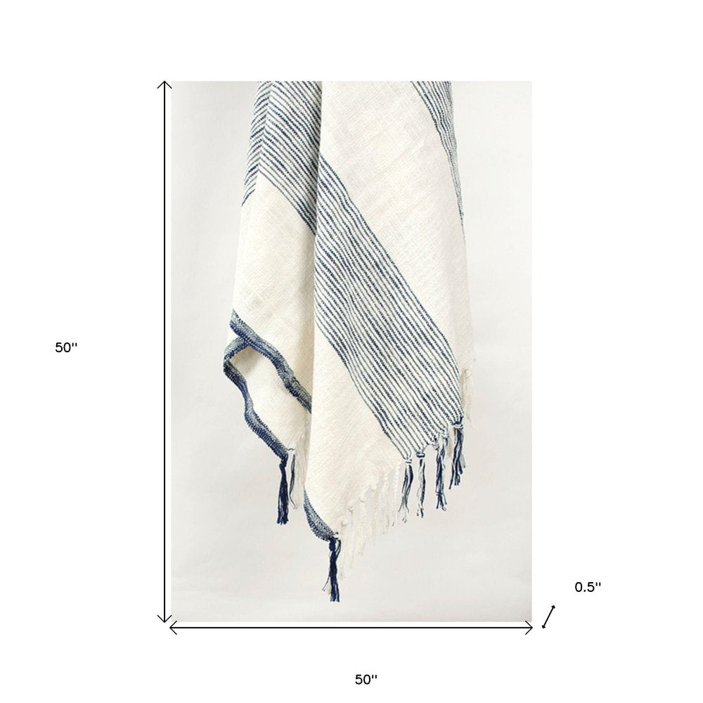 50" X 60" Blue And Ivory Cotton Woven Striped Throw Blanket with Fringe