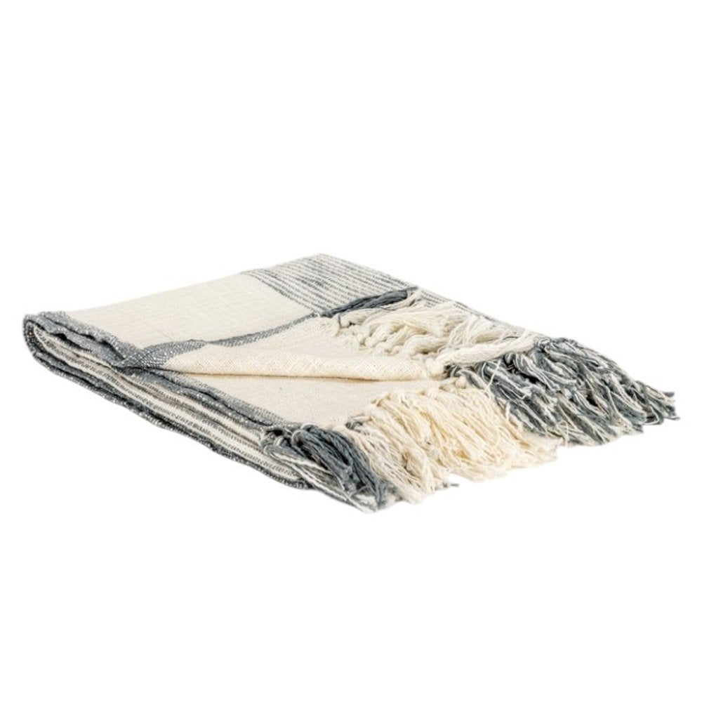 50" X 60" Gray And Ivory Cotton Woven Striped Throw Blanket with Fringe