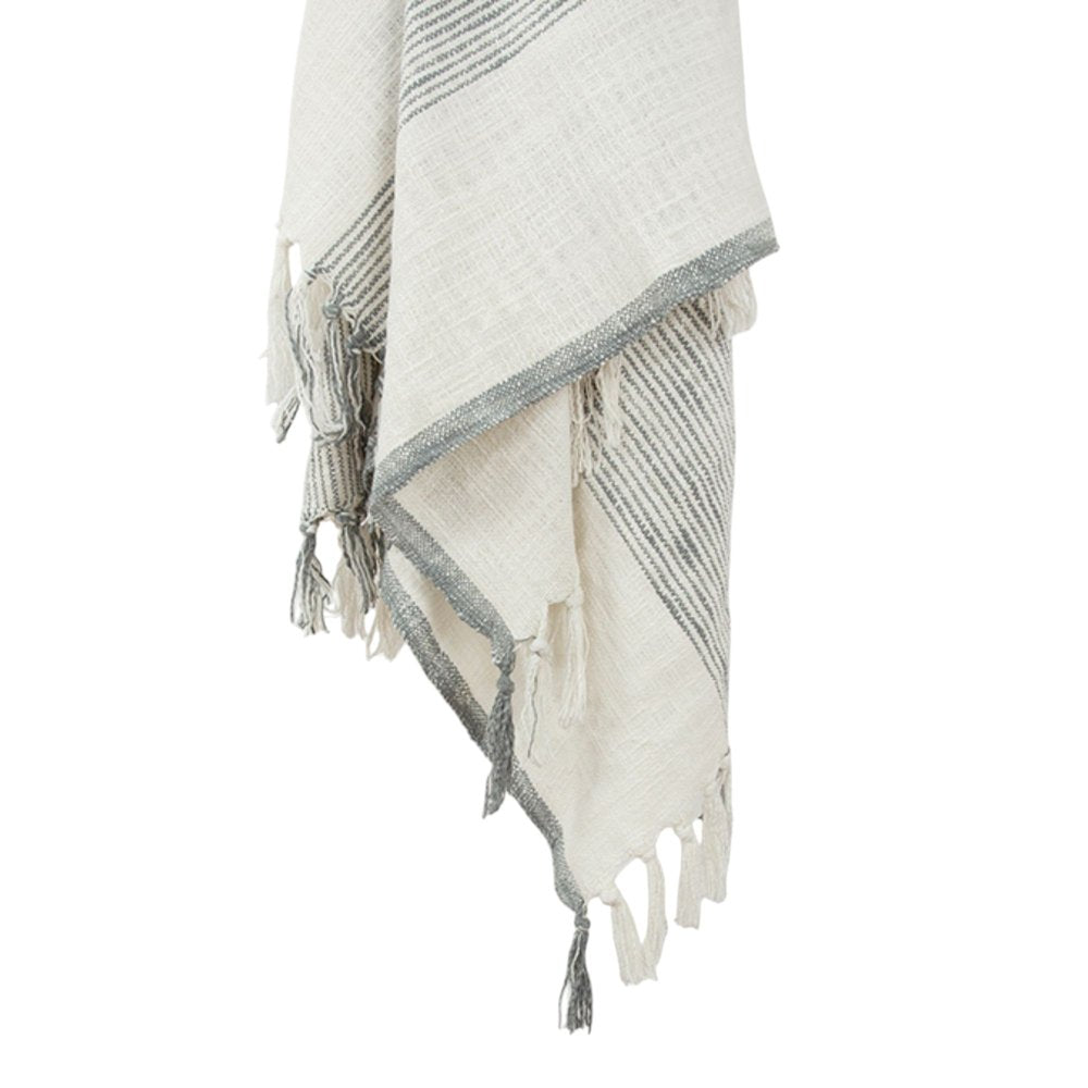 50" X 60" Gray And Ivory Cotton Woven Striped Throw Blanket with Fringe