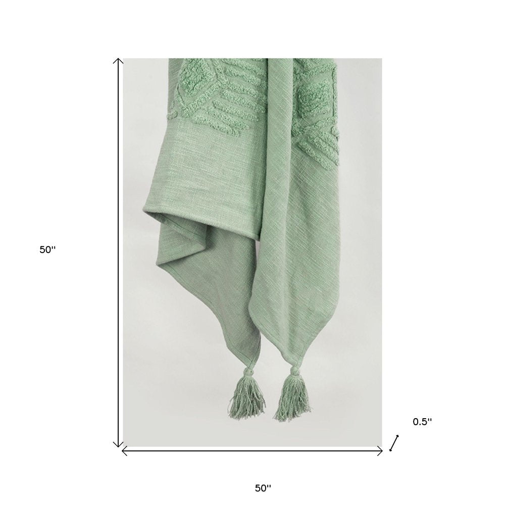 50" X 60" Green Cotton Woven Ikat Throw Blanket with Tassels