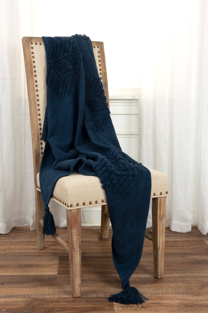50" X 60" Blue Cotton Woven Ikat Throw Blanket with Tassels