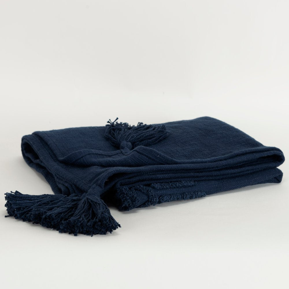 50" X 60" Blue Cotton Woven Ikat Throw Blanket with Tassels