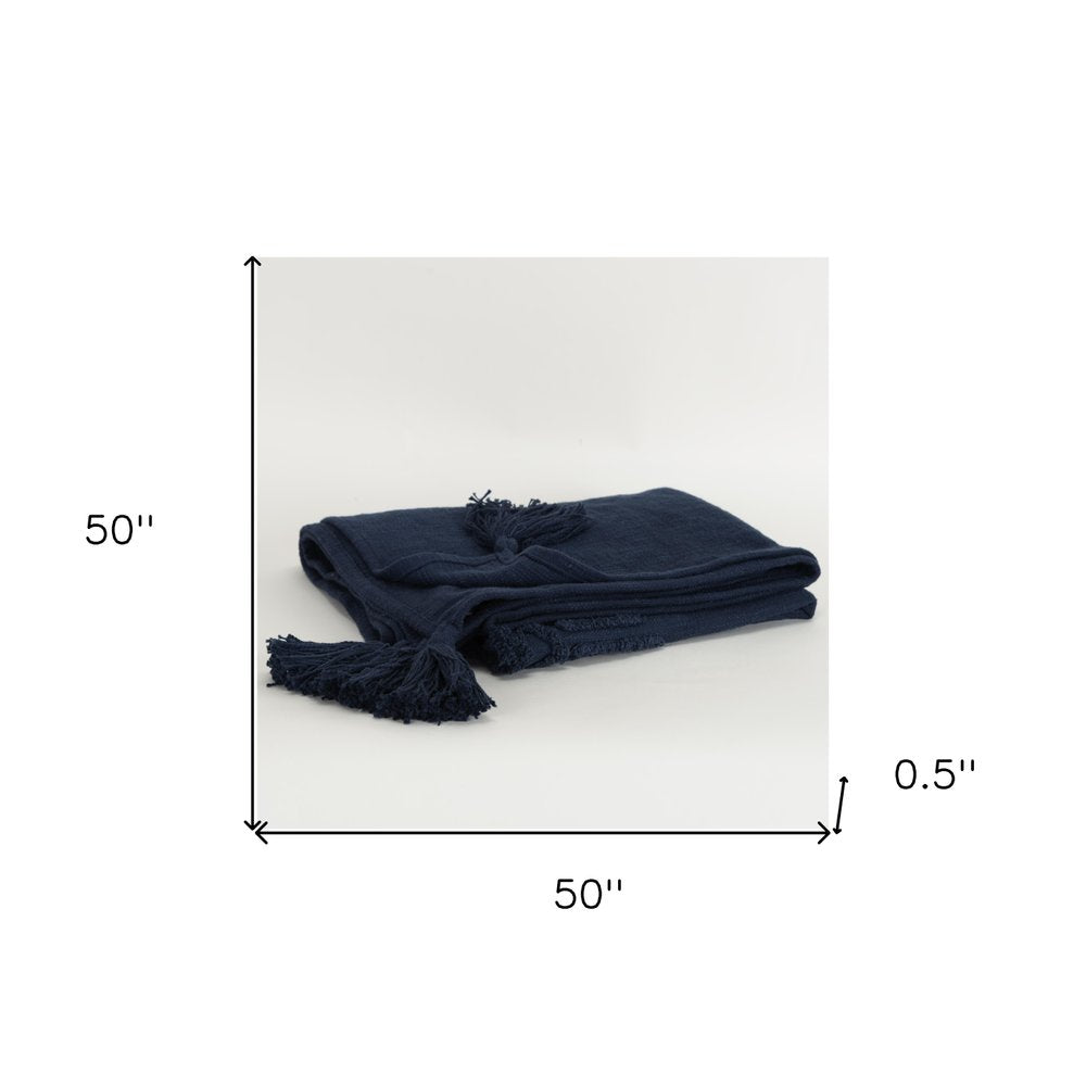 50" X 60" Blue Cotton Woven Ikat Throw Blanket with Tassels