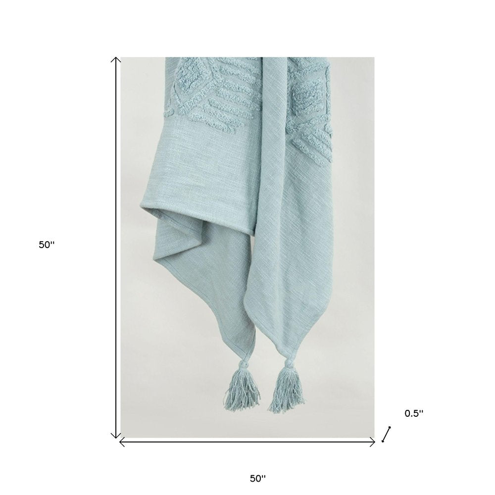 50" X 60" Aqua Cotton Woven Ikat Throw Blanket with Tassels