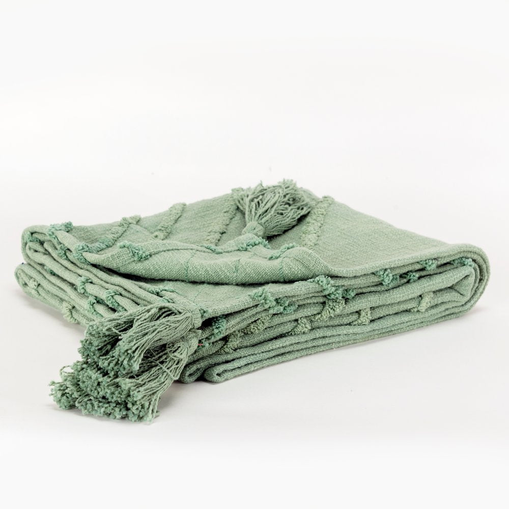 50" X 60" Green Cotton Woven Geometric Throw Blanket with Tassels
