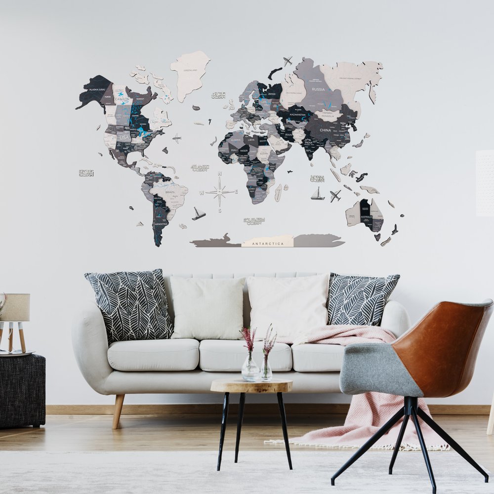 35" X 59" Black Gray and White Wood World Map Hanging Dimensional Sculpture