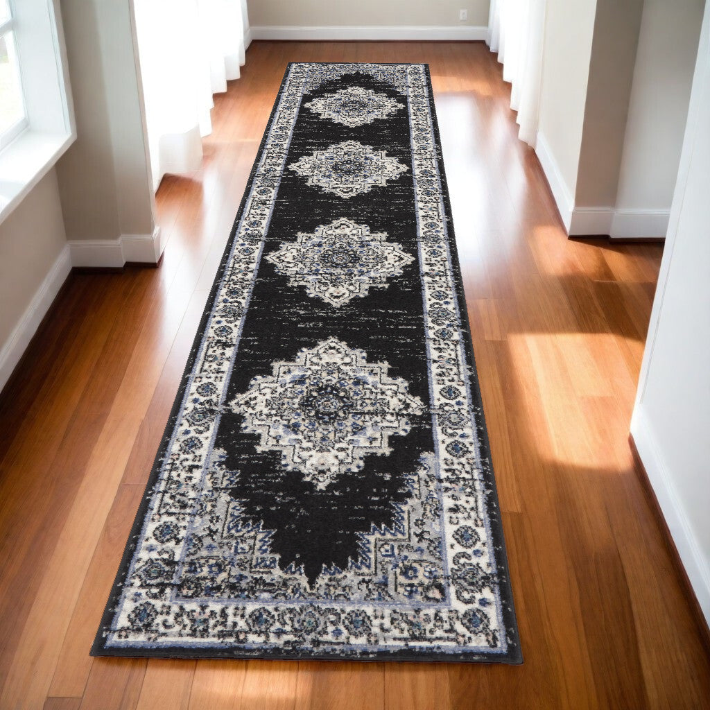 10' Runner Black and Ivory Floral Power Loom Distressed Runner Rug
