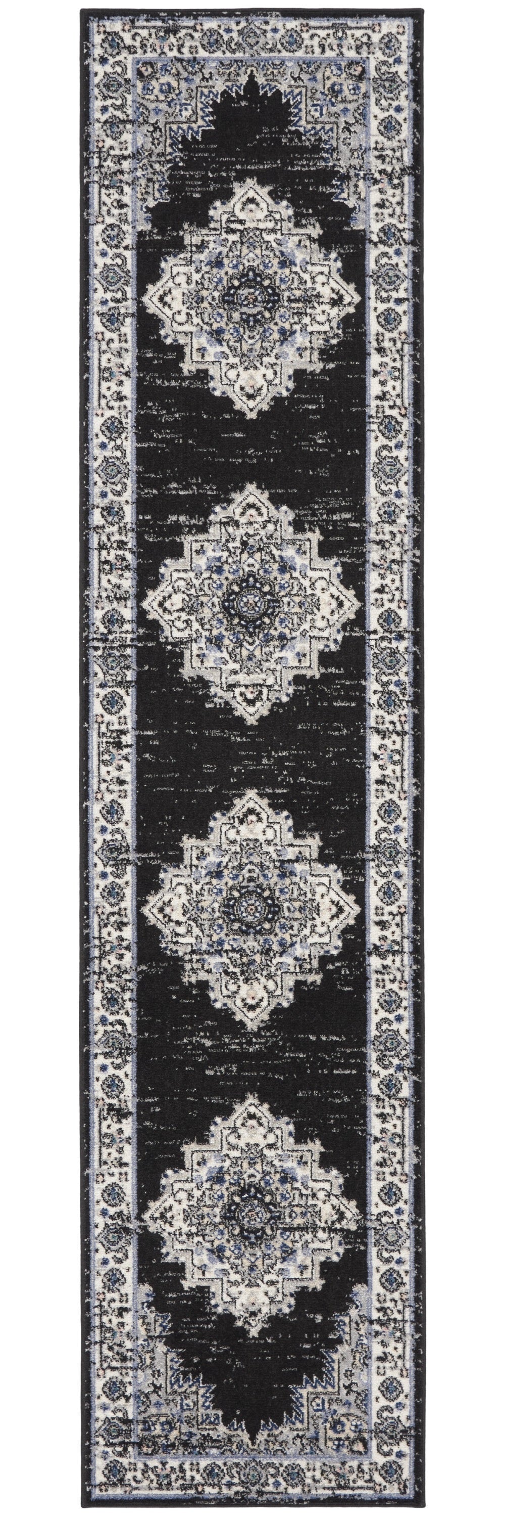 10' Runner Black and Ivory Floral Power Loom Distressed Runner Rug