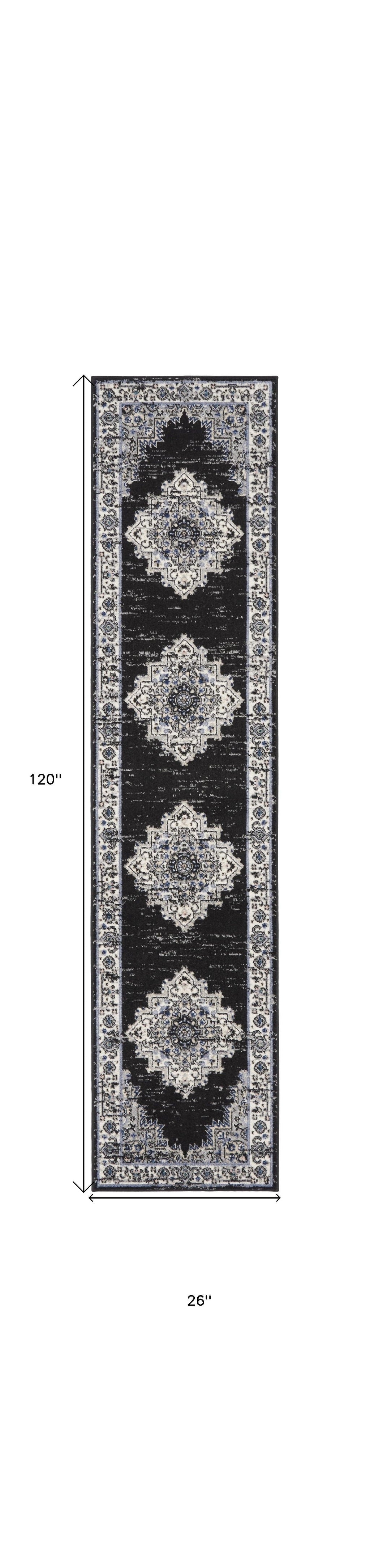 10' Runner Black and Ivory Floral Power Loom Distressed Runner Rug