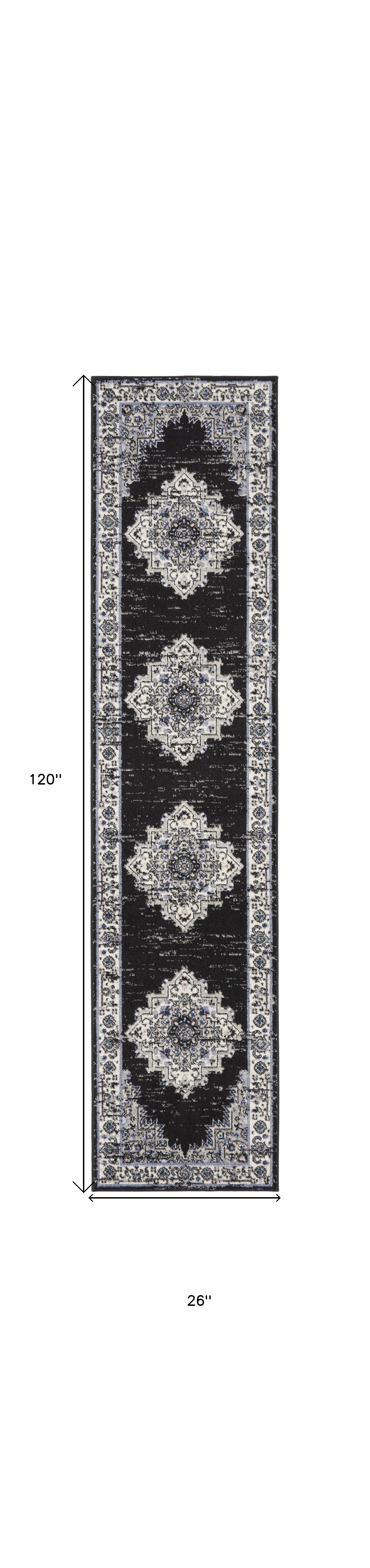 10' Runner Black and Ivory Floral Power Loom Distressed Runner Rug