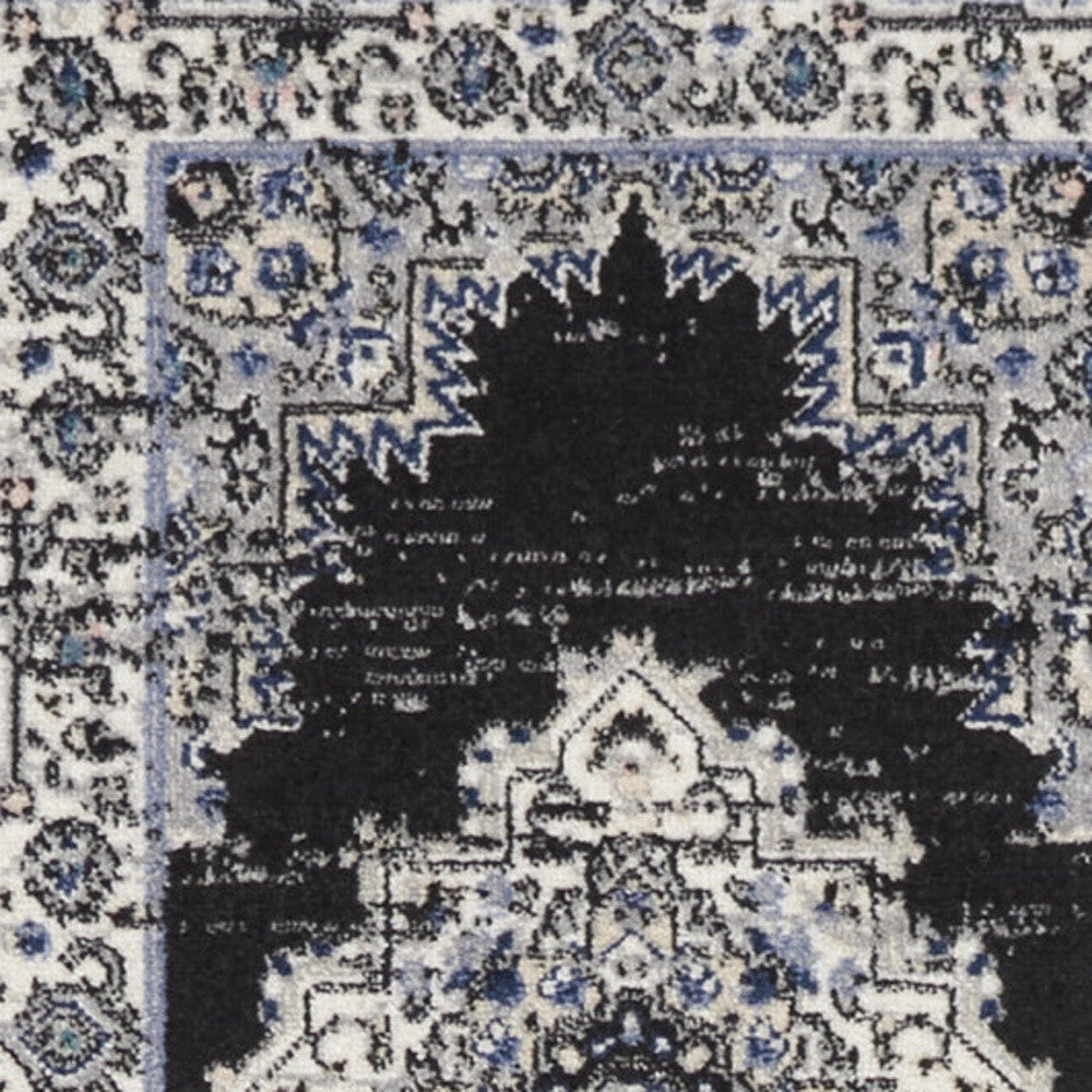 10' Runner Black and Ivory Floral Power Loom Distressed Runner Rug