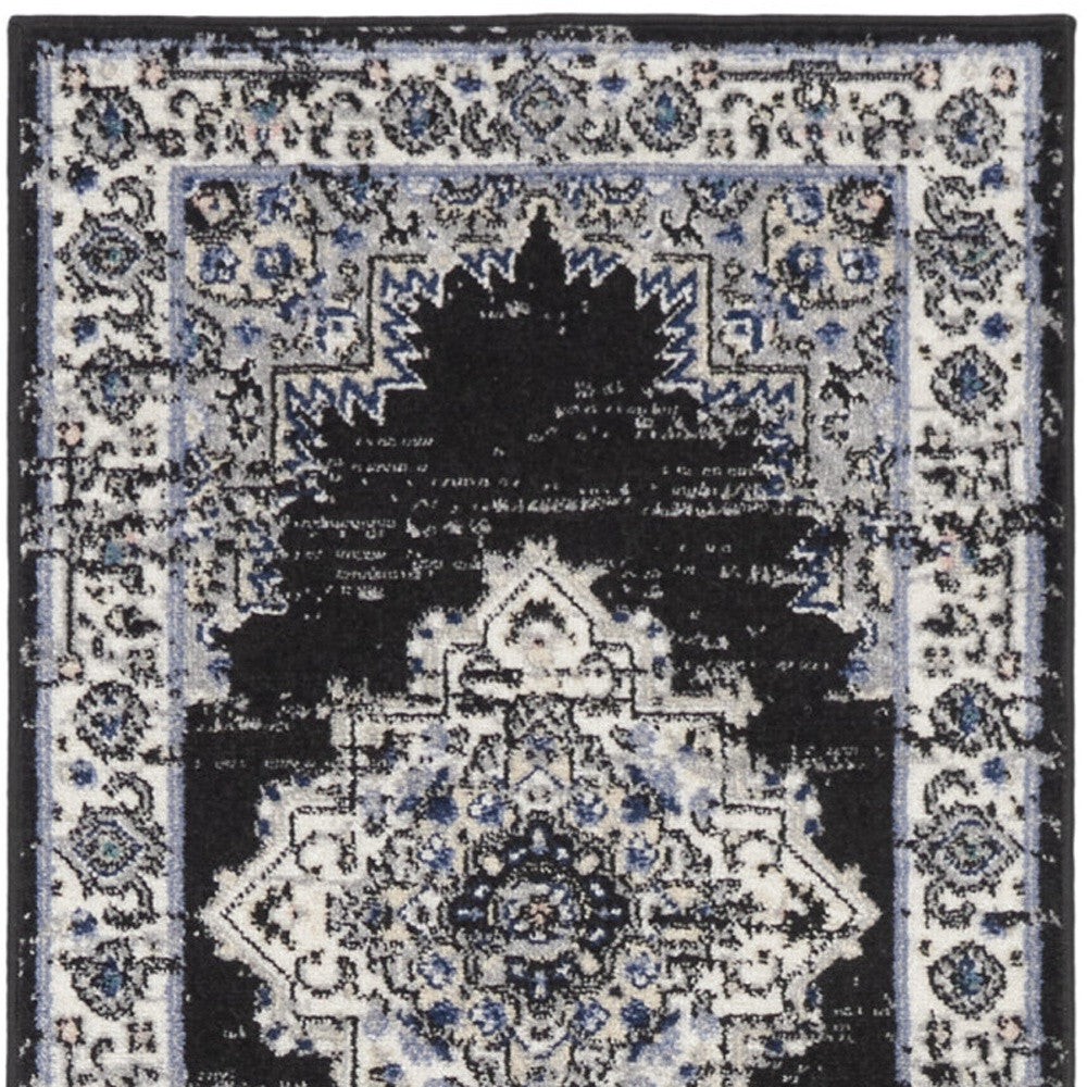 10' Runner Black and Ivory Floral Power Loom Distressed Runner Rug