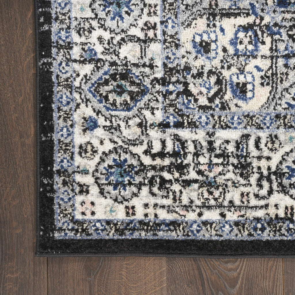 10' Runner Black and Ivory Floral Power Loom Distressed Runner Rug