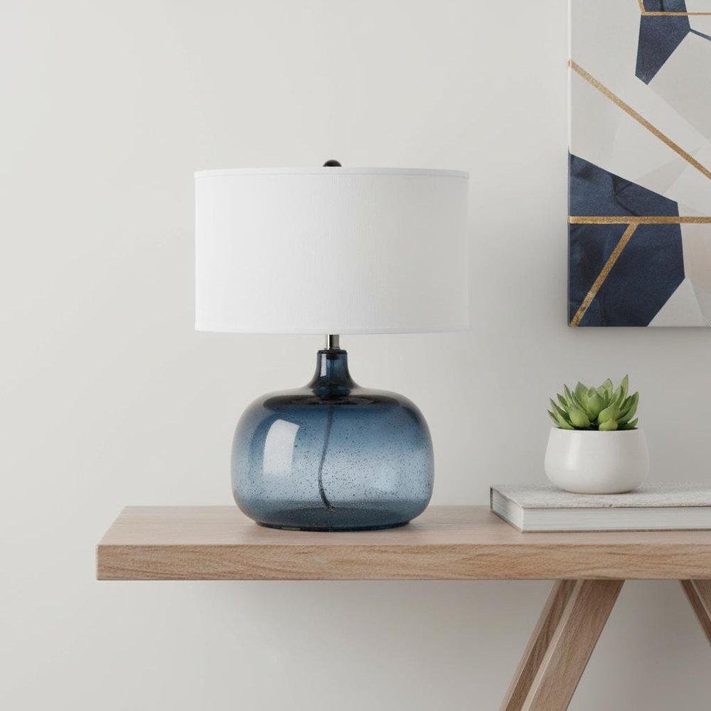 24" Dark Blue Glass Table Lamp With White Novelty Shade