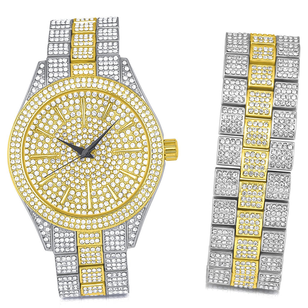 Rhinestone Iced Out Watch And Bracelet Set Bling Luxury