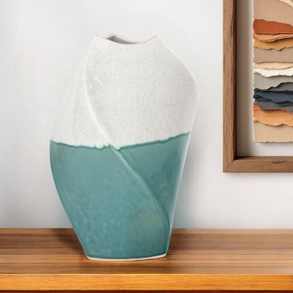 12" Green and Ivory Ombre Wavy Ceramic Table Vase