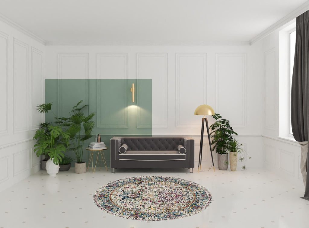 7' Gray Floral Power Loom Round Rug