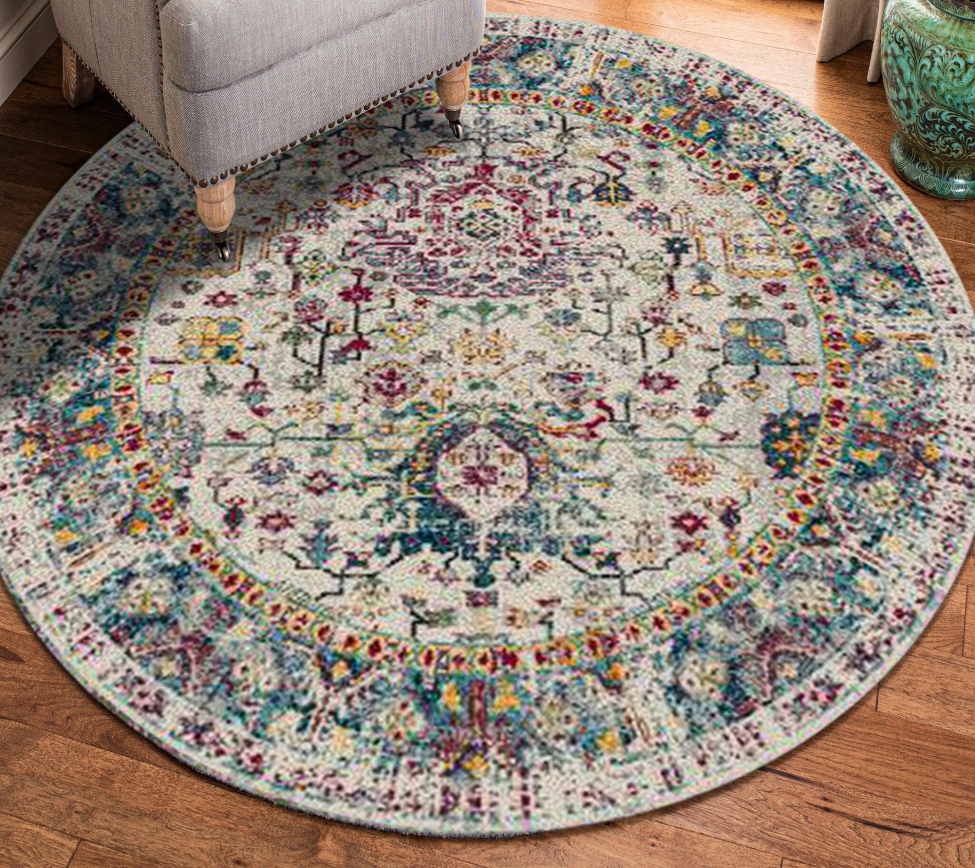 7' Gray Floral Power Loom Round Rug