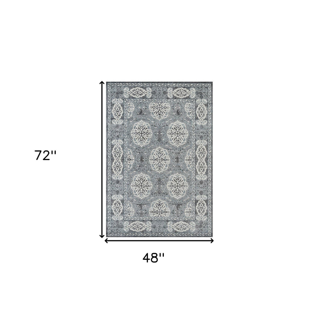 4' X 6' Charcoal and Ivory Medallion Power Loom Area Rug