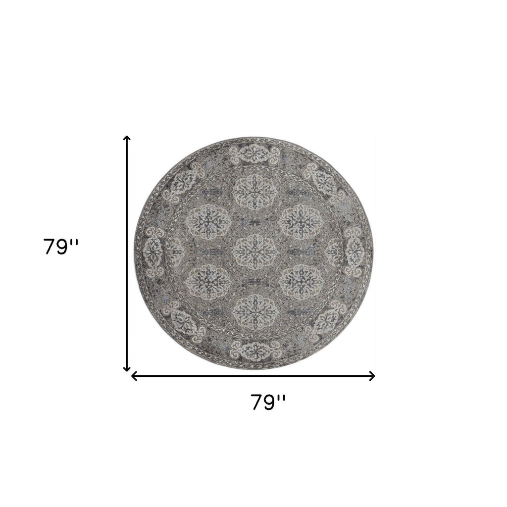 6' Charcoal and Gray Medallion Power Loom Round Rug
