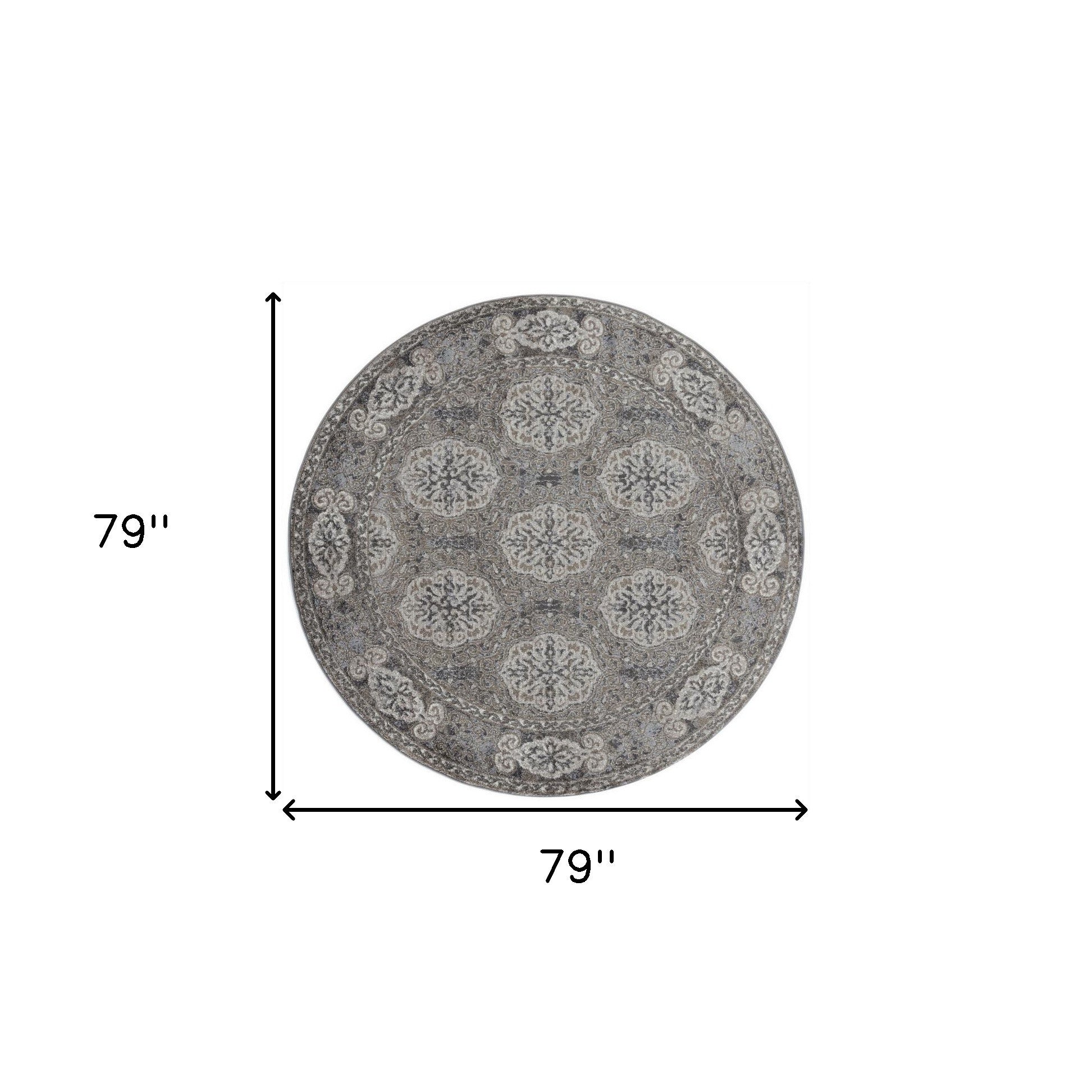 6' Charcoal and Gray Medallion Power Loom Round Rug