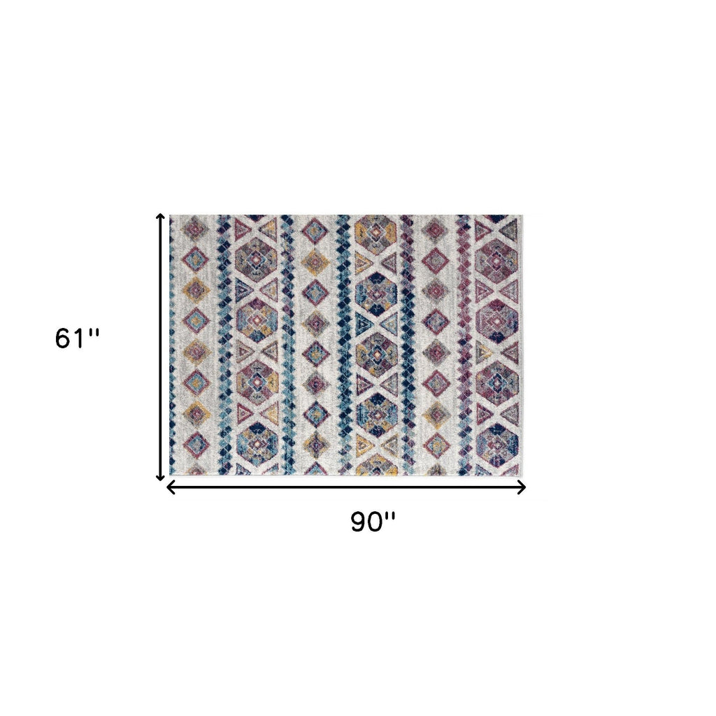 5' X 8' Ivory Blue and Orange Geometric Power Loom Area Rug