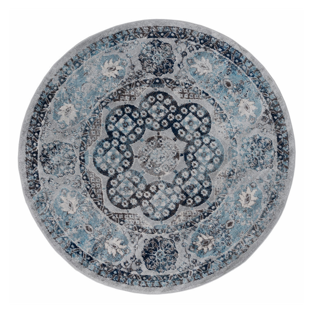 6' Gray and Blue Medallion Power Loom Round Rug