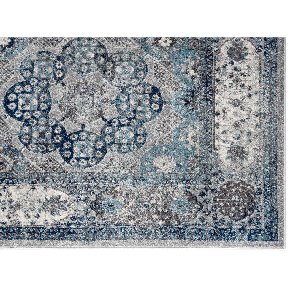 6' Gray and Blue Medallion Power Loom Round Rug